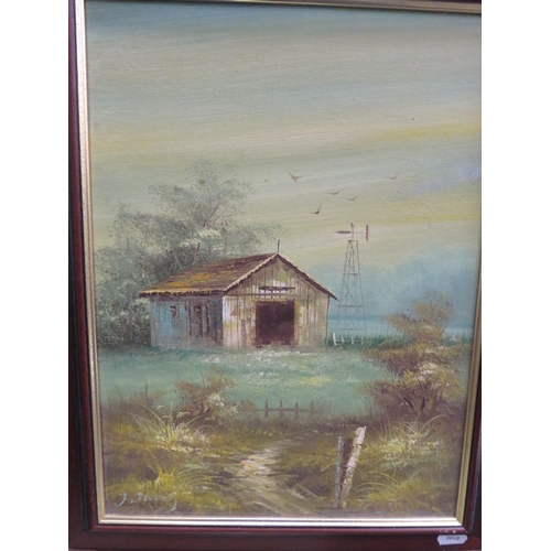 588 - 2 Framed oils on canvas of countryside huts signed J Panny, 19.5