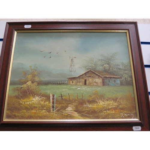 588 - 2 Framed oils on canvas of countryside huts signed J Panny, 19.5