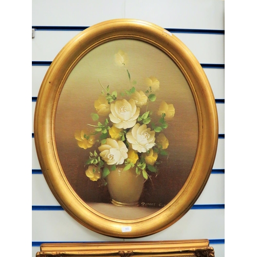 591 - Nicely painted still life of a Vase of Roses, Bears the signature Robert Cox. Set in an Oval  gilt f... 