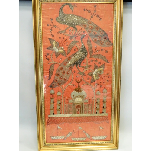 596 - Beautifully embroidered picture of Peacocks & Temple, probably Indian made. Framed under glass in gr... 