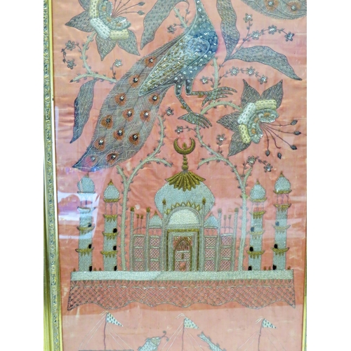 596 - Beautifully embroidered picture of Peacocks & Temple, probably Indian made. Framed under glass in gr... 