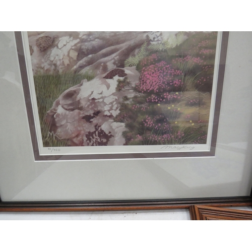 600 - Framed signed watercolour of flowers and 2 signed prints.