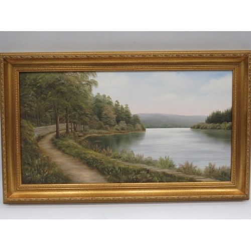 607 - Oil on Canvas of a Lakeside Woodland walk by T Falmer?  Nicely mounted in a gilt frame which measure... 