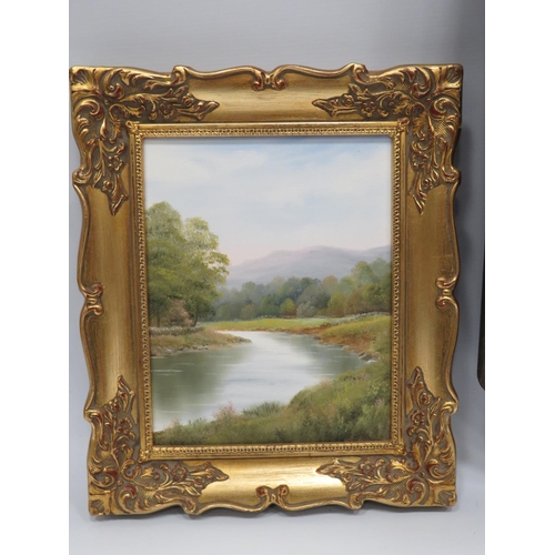 608 - Oil on Canvas of a Lakeside scene by T Falmer. Nicely Mounted in a gilt frame which measures Approx ... 