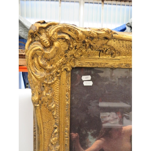 609 - Antique Gilt Picture frame with glass which measures approx 26 x 38 inches.  Will need minor repairs... 