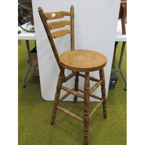 622 - Oak made bar stool with integrated back rest. Seat Height 27 inches.  Back height 39 inches. See pho... 