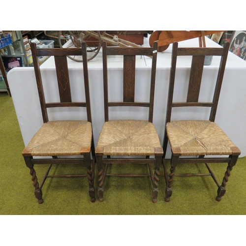 625 - Trio of early 20th Century parlour chairs with rattan seats. Geometric inlay decoration to tops and ... 