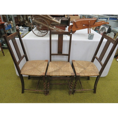 625 - Trio of early 20th Century parlour chairs with rattan seats. Geometric inlay decoration to tops and ... 