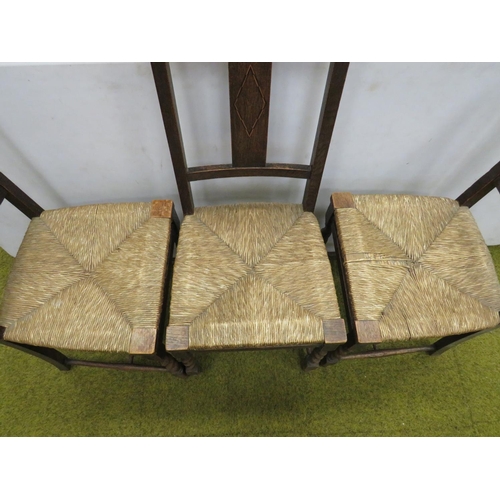 625 - Trio of early 20th Century parlour chairs with rattan seats. Geometric inlay decoration to tops and ... 