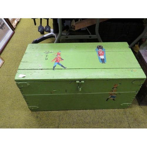 631 - Vintage handmaded wooden toy box with hinged lid which measures approx H:14 x W:30 x D:15 inches tog... 