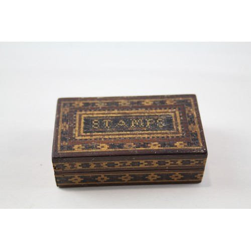 353 - 2 x Wooden Snuff Box & Stamp Case Inc Straw Parquetry, Brass Detail Etc   386340