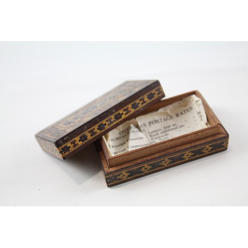 353 - 2 x Wooden Snuff Box & Stamp Case Inc Straw Parquetry, Brass Detail Etc   386340