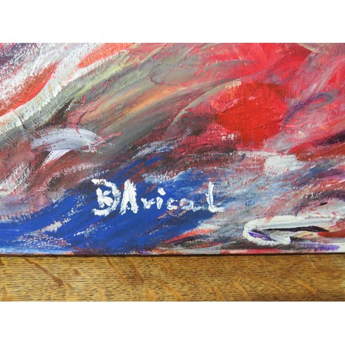 515 - Abstract Oil on canvass signed D Arical.  Measures 35 x 12 Inches. See photos.  S2