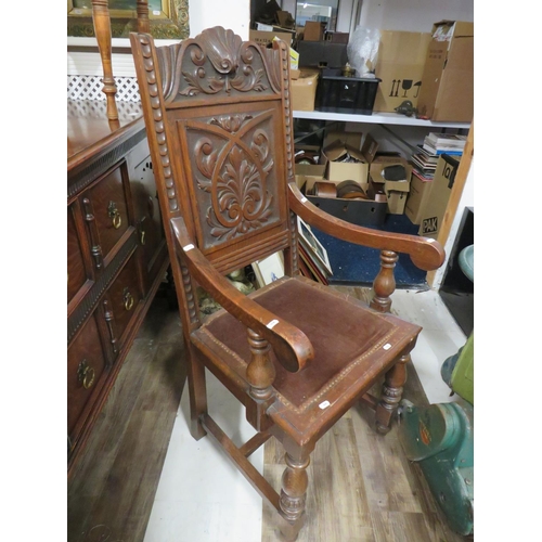 646 - Interesting late 19th Century Oak Framed armchair with carved decorations. Seat height 18 inchest Ba... 