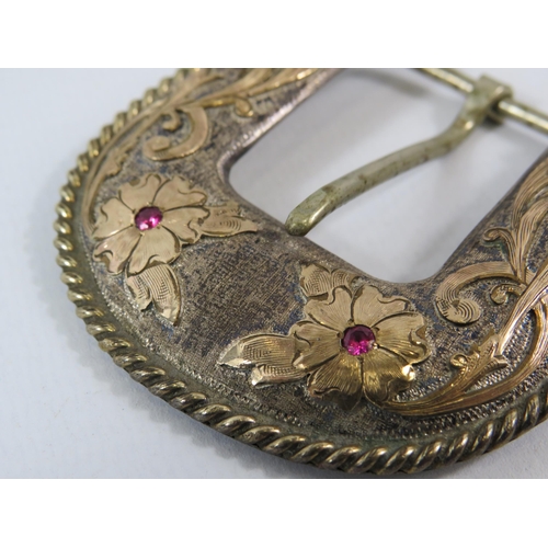 151 - Vintage Sterling silver VOTG Western hand engraved belt buckle 1/10th gold and set with 2 rubies, 7c... 