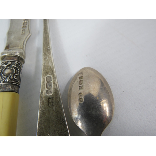 162 - 2 Heavy Sheffield 1937 serving spoons plus other silver items, Total weight 210g.