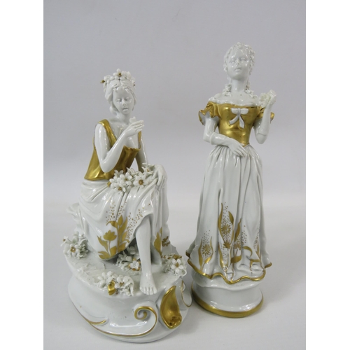 2 - 2 Signed Capodimonte white and gold porcelain figurines, the tallest measures 22cm.