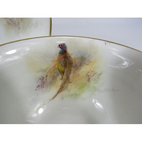 9 - 1949 Royal Worcester J Stinton cup and saucer, the cup painted with a pheasant and the saucer a Plov... 