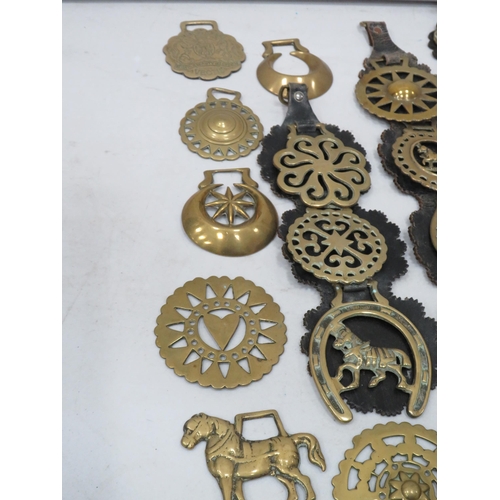 841 - 35 vintage horse brasses some with leathers.