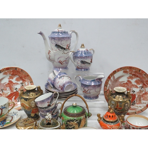 844 - Tray of various japanese ceramics including a coffee set with Geshia girl base cups.