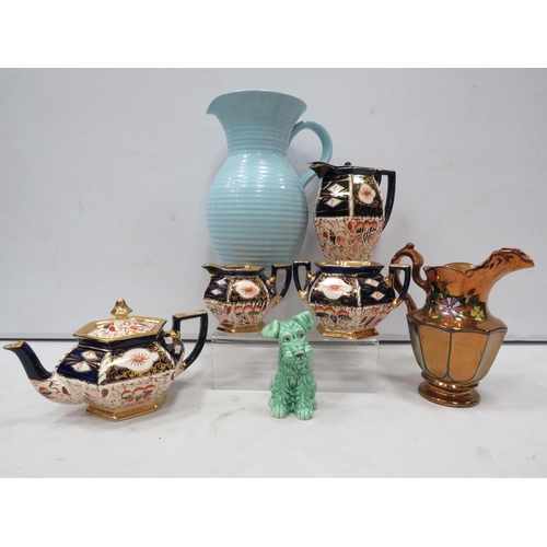 846 - Mixed ceramics including a Gaudy Welsh part teaset, Slyvac terrier and a large lovetts jug.