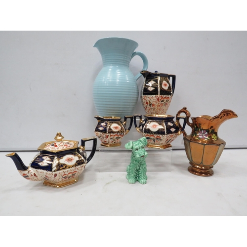 846 - Mixed ceramics including a Gaudy Welsh part teaset, Slyvac terrier and a large lovetts jug.