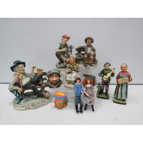 848 - Selection of Capodimonte style figurines, 2 small porcelain dolls etc.