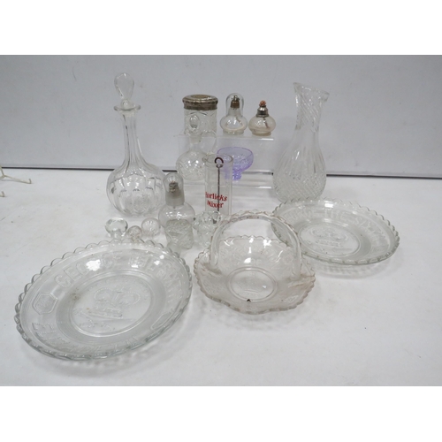 849 - Mixed vintage glass lot including George VI Plates and basket, decanters, vintage oil lamps etc.