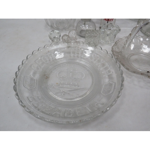 849 - Mixed vintage glass lot including George VI Plates and basket, decanters, vintage oil lamps etc.