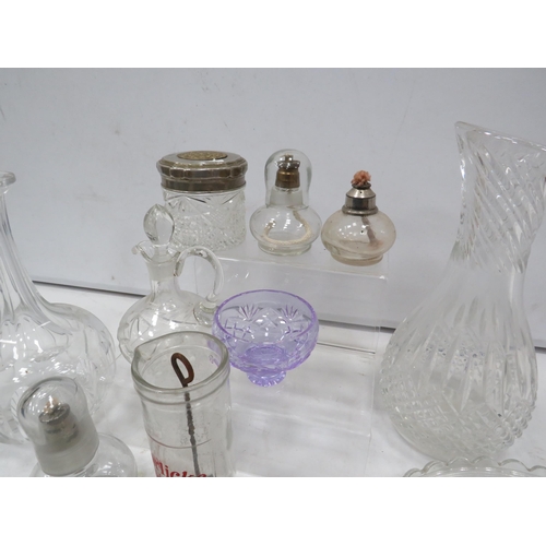 849 - Mixed vintage glass lot including George VI Plates and basket, decanters, vintage oil lamps etc.