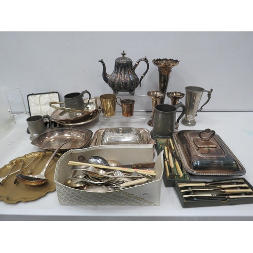 853 - Large selection of various silver plated and pewter items including tureens, butterdish, vases, cutl... 