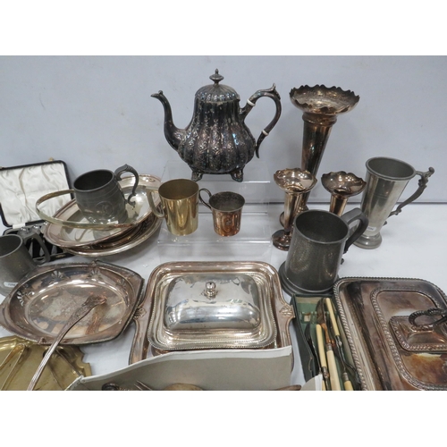 853 - Large selection of various silver plated and pewter items including tureens, butterdish, vases, cutl... 