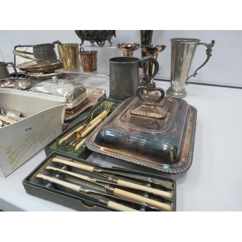 853 - Large selection of various silver plated and pewter items including tureens, butterdish, vases, cutl... 