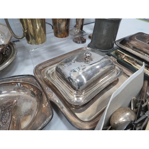 853 - Large selection of various silver plated and pewter items including tureens, butterdish, vases, cutl... 