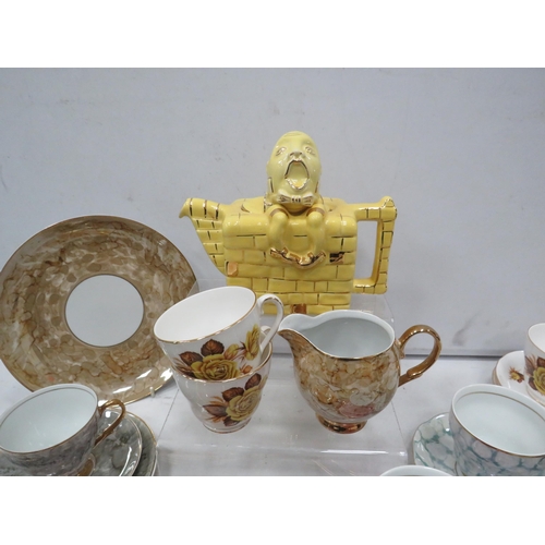 854 - Vintage Lingard yellow Humpty Dumpty teapot and a selection of lustre cups and saucers etc.