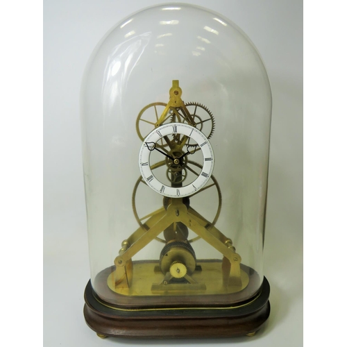 35 - Brass Skeleton Clock with enamelled metal dial. Appears to be complete and in running order.  No Mak... 