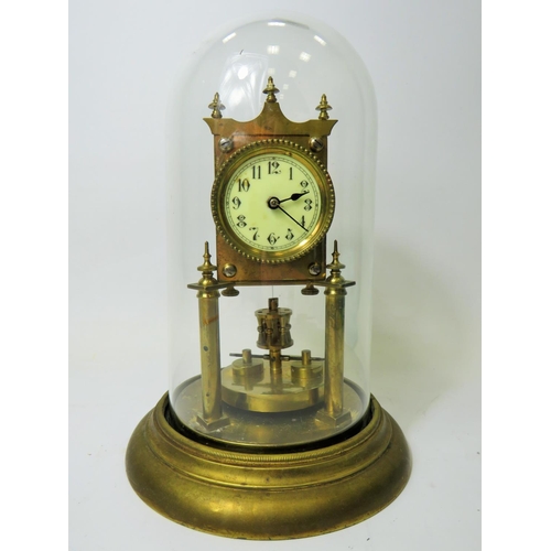 48 - Brass made Annivesary clock under Glass dome.  Enamel face, running order. No key available.   Appro... 