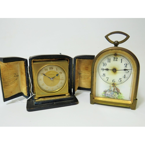 52 - Zenith, Swiss made portable alarm clock with original case plus one brass cased small clock, both no... 