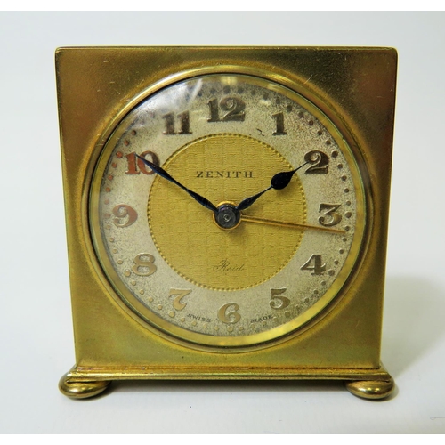 52 - Zenith, Swiss made portable alarm clock with original case plus one brass cased small clock, both no... 