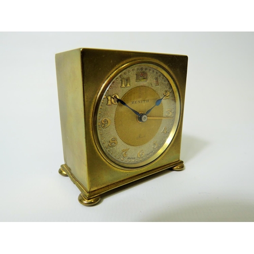 52 - Zenith, Swiss made portable alarm clock with original case plus one brass cased small clock, both no... 