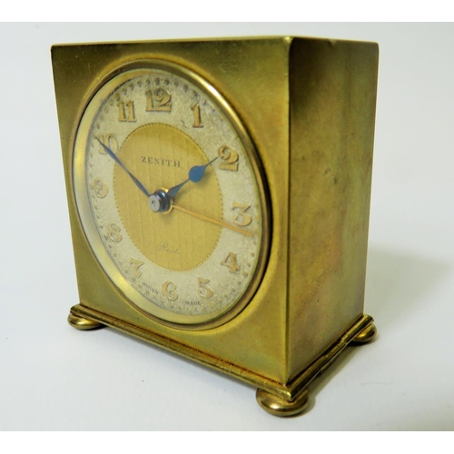 52 - Zenith, Swiss made portable alarm clock with original case plus one brass cased small clock, both no... 