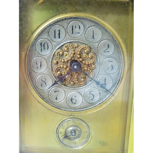 55 - Brass Carriage clock with alarm,  glass panels and door. Enamel dial. Working order.   Requires key.... 