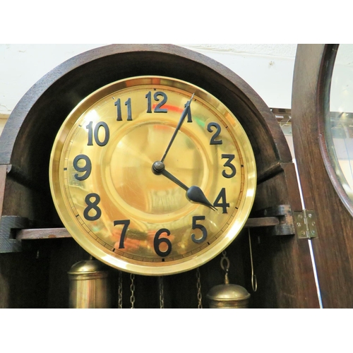 65 - 1930's era Long case clock with brass dial, three weight movement. Oak case with large glass panelle... 