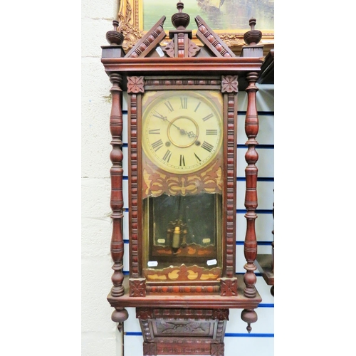 66 - Oak Wall Clock with nicely carved case and mirror back, no key . Non runner for spares or repairs. A... 