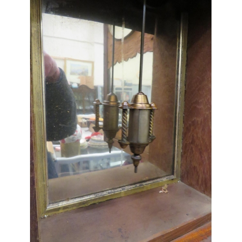 66 - Oak Wall Clock with nicely carved case and mirror back, no key . Non runner for spares or repairs. A... 