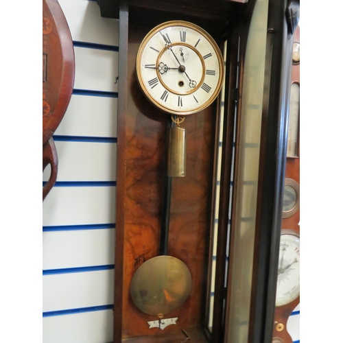 72 - Large Mahogany Cased wall clock with enamel face, single weight driven with pendulum.  Approx 48 inc... 