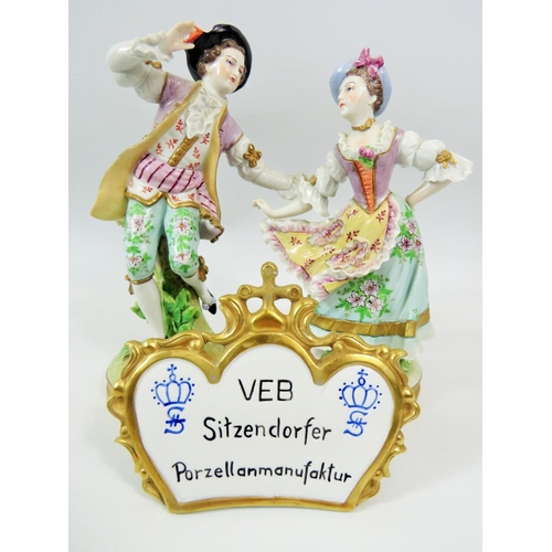 89 - Pair of Dresden Sitzendorf Neo Classical figures. Both in excellent condition and measures approx 9 ... 