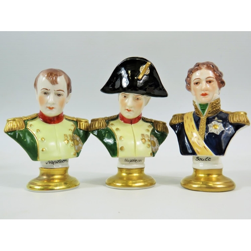 90 - Three Minature Dresden Porcelain Busts of Napoleon (x2) plus Soult.  Each has Blue Basemark of lette... 