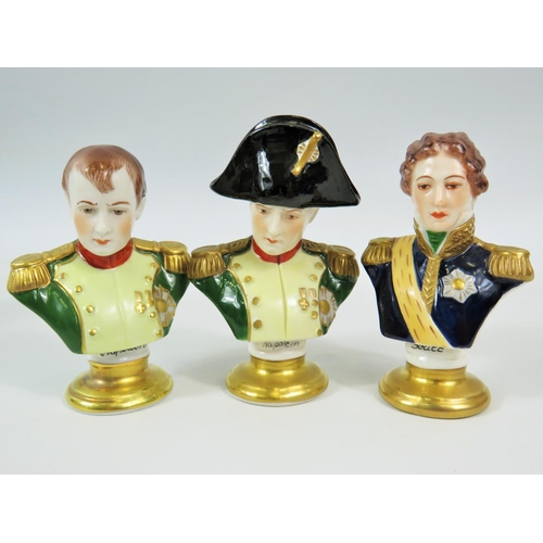 90 - Three Minature Dresden Porcelain Busts of Napoleon (x2) plus Soult.  Each has Blue Basemark of lette... 