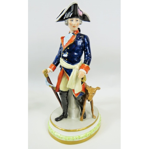 91 - German Dresden Figurine of a Classically Dressed Regency Gentleman with hunting hound.  Figure in ex... 